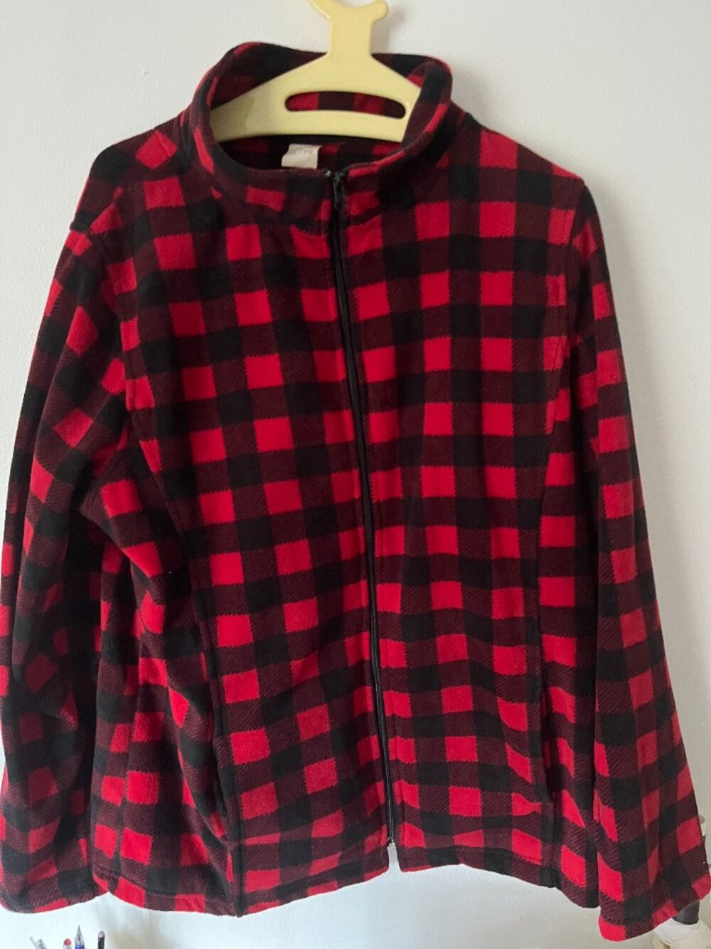 Red & Black Buffalo plaid Soft Fleece Jacket, for men size  Mock Stand Collar!